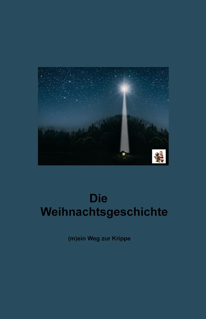 Buchcover „Die Weihnachtsgeschichte – mein Weg zur Krippe“ – nächtliche Landschaft mit Sternenhimmel und Lichtstrahl auf ein Haus, spirituelle Weihnachtsgeschichte mit persönlicher Reflexion.
