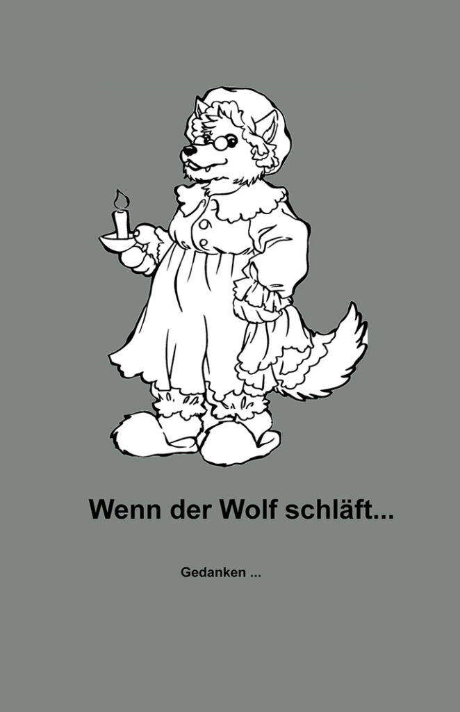Buchcover „Wenn der Wolf schläft“ – gezeichnete Wolfsfigur im Nachthemd mit Kerze, symbolisches Märchenbild für innere Ruhe, Schattenarbeit und Selbstreflexion.